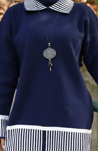 Ensemble Deux Pièces Tunique Et Pantalon à Rayures En Tricot 1066-01 Bleu Marine 1066-01