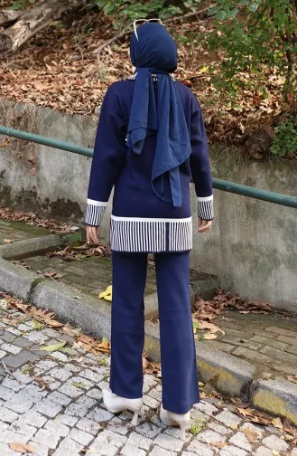 Ensemble Deux Pièces Tunique Et Pantalon à Rayures En Tricot 1066-01 Bleu Marine 1066-01
