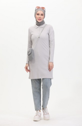 Polo Yaka Patlı Tunik 5037-01 Gri
