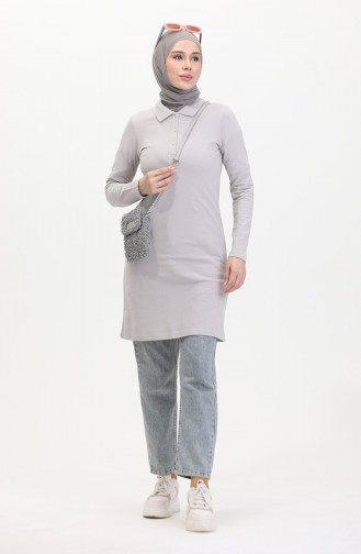Polo Yaka Patlı Tunik 5037-01 Gri