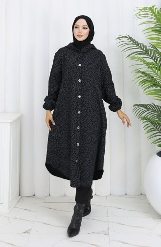 Leopard Pattern Hooded Cashmere Coat 0187-01 Black Gray 0187-01