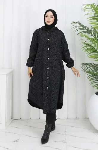 Leopard Pattern Hooded Cashmere Coat 0187-01 Black Gray 0187-01