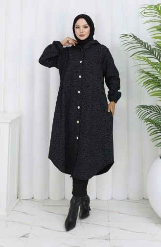 Leopard Pattern Hooded Cashmere Coat 0187-01 Black Gray 0187-01