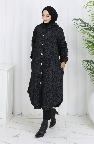 Leopard Pattern Hooded Cashmere Coat 0187-01 Black Gray 0187-01