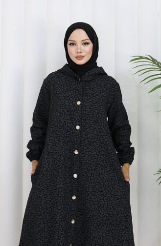 Leopard Pattern Hooded Cashmere Coat 0187-01 Black Gray 0187-01