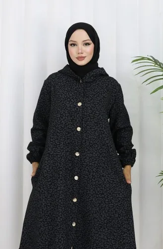 Leopard Pattern Hooded Cashmere Coat 0187-01 Black Gray 0187-01