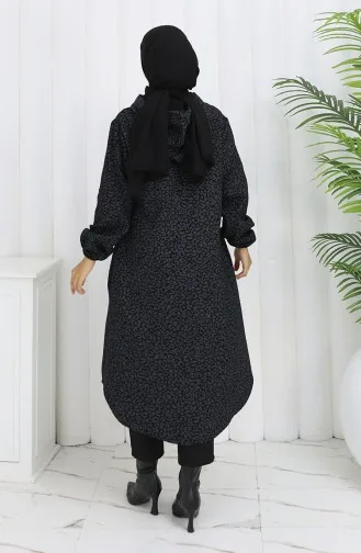 Leopard Pattern Hooded Cashmere Coat 0187-01 Black Gray 0187-01