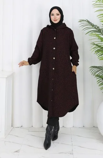 Kaschmirmantel Mit Leopardenmuster Und Kapuze 0187-02 Weinrot Schwarz 0187-02