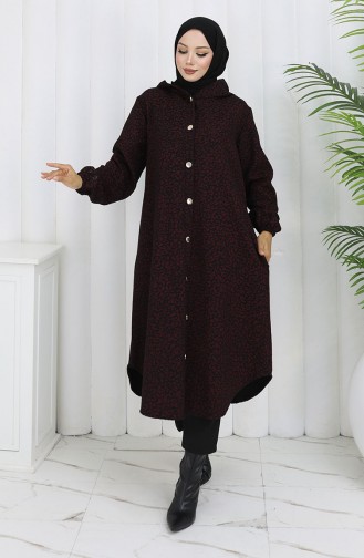 Leopar Desen Kapüşonlu Kaşe Kap 0187-02 Bordo Siyah