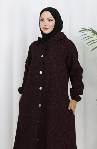 Leopar Desen Kapüşonlu Kaşe Kap 0187-02 Bordo Siyah