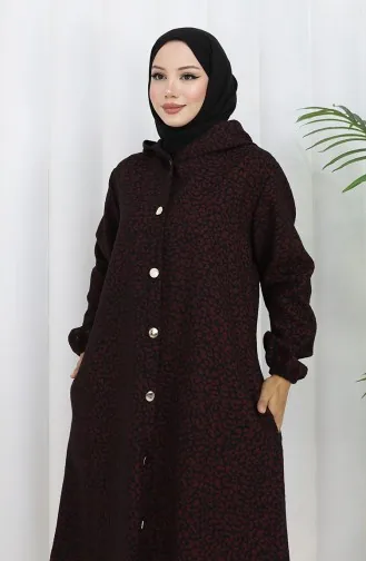 Kaschmirmantel Mit Leopardenmuster Und Kapuze 0187-02 Weinrot Schwarz 0187-02