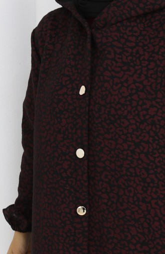 Leopar Desen Kapüşonlu Kaşe Kap 0187-02 Bordo Siyah