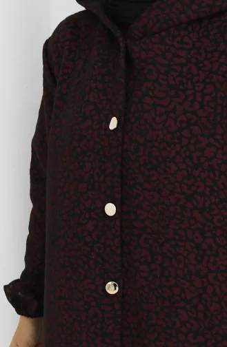 Kaschmirmantel Mit Leopardenmuster Und Kapuze 0187-02 Weinrot Schwarz 0187-02