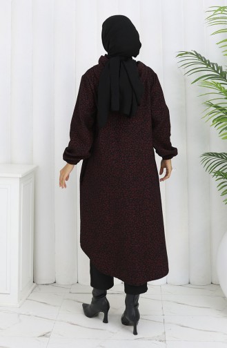 Leopar Desen Kapüşonlu Kaşe Kap 0187-02 Bordo Siyah