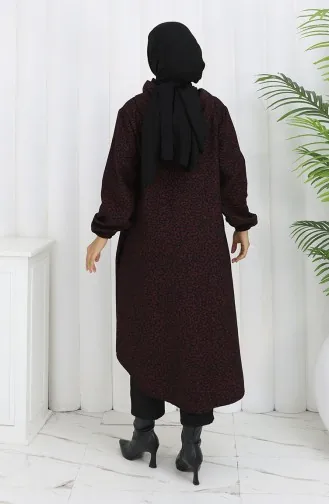 Kaschmirmantel Mit Leopardenmuster Und Kapuze 0187-02 Weinrot Schwarz 0187-02