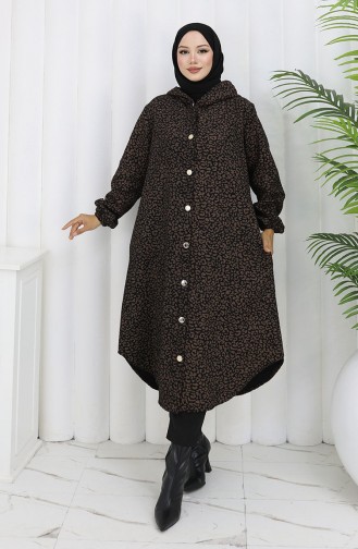 Leopard Pattern Hooded Cashmere Coat 0187-04 Brown Black 0187-04