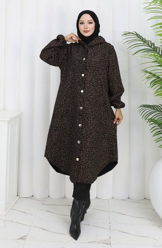 Leopard Pattern Hooded Cashmere Coat 0187-04 Brown Black 0187-04