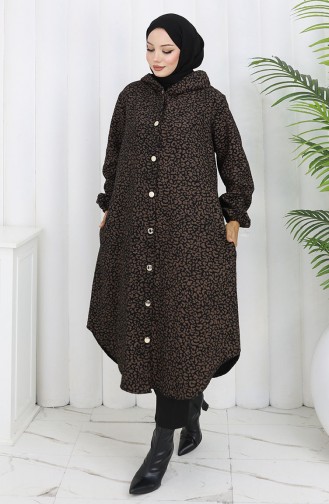 Leopard Pattern Hooded Cashmere Coat 0187-04 Brown Black 0187-04