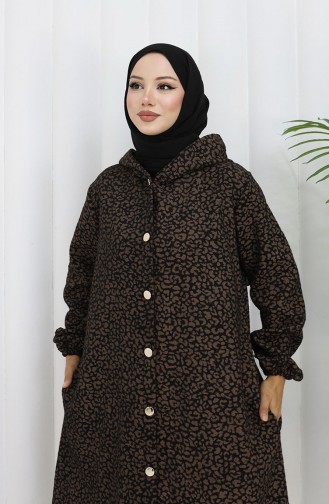 Leopard Pattern Hooded Cashmere Coat 0187-04 Brown Black 0187-04