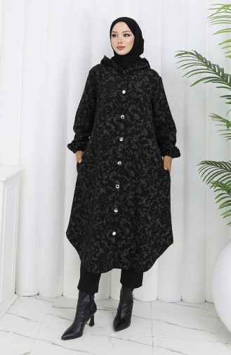 Patterned Hooded Cashmere Coat 0187A-01 Black Beige 0187A-01