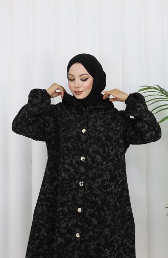 Patterned Hooded Cashmere Coat 0187A-01 Black Beige 0187A-01