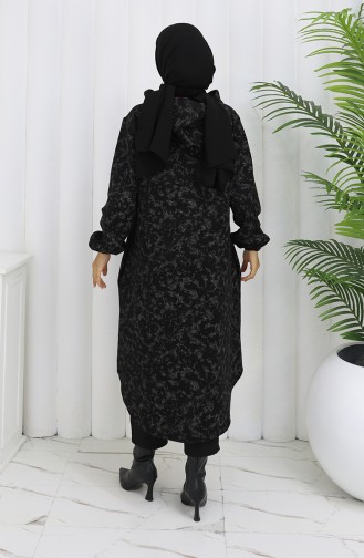 Patterned Hooded Cashmere Coat 0187A-01 Black Beige 0187A-01