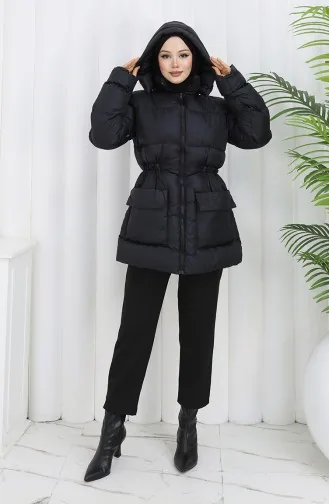 Kapüşonlu Fermuarlı Şişme Mont 0189-01 Siyah