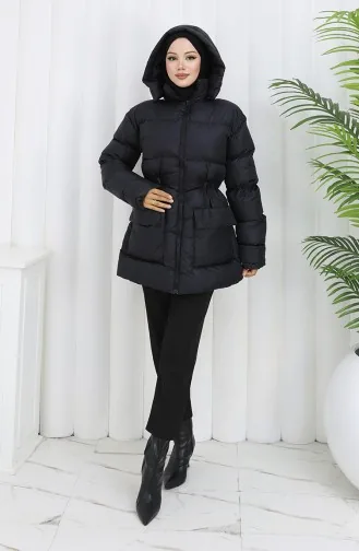 Kapüşonlu Fermuarlı Şişme Mont 0189-01 Siyah