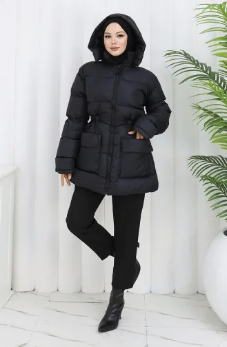 Kapüşonlu Fermuarlı Şişme Mont 0189-01 Siyah
