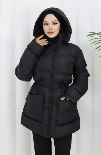 Kapüşonlu Fermuarlı Şişme Mont 0189-01 Siyah