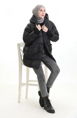 Kapüşonlu Fermuarlı Şişme Mont 0204-01 Siyah