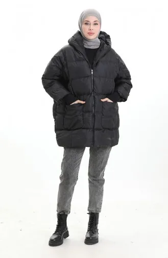 Kapüşonlu Fermuarlı Şişme Mont 0204-01 Siyah