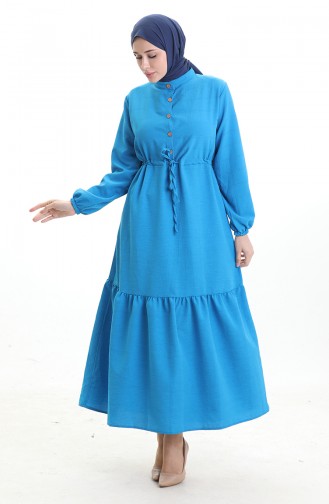 Beli Bağcıklı Yarım Düğmeli Elbise 0182-03 Turkuaz