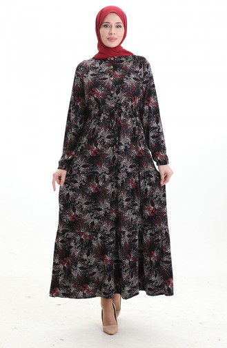 Judge Collar Patterned Buttoned Dress 0193-01 Black Red 0193-01