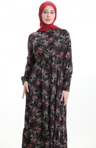 Judge Collar Patterned Buttoned Dress 0193-01 Black Red 0193-01