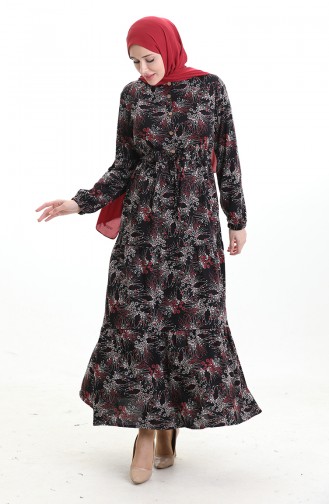 Judge Collar Patterned Buttoned Dress 0193-01 Black Red 0193-01