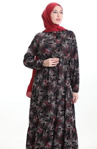 Judge Collar Patterned Buttoned Dress 0193-01 Black Red 0193-01