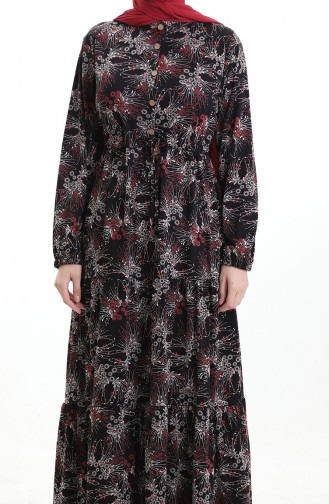 Judge Collar Patterned Buttoned Dress 0193-01 Black Red 0193-01