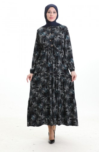 Grandad Collar Patterned Buttoned Dress 0193-02 Black Petrol 0193-02