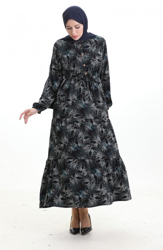 Grandad Collar Patterned Buttoned Dress 0193-02 Black Petrol 0193-02
