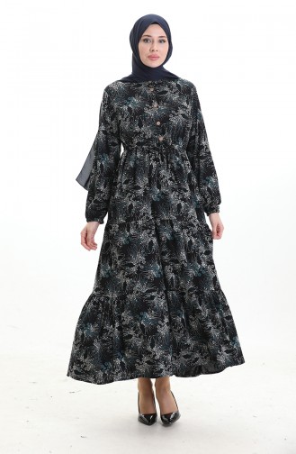 Grandad Collar Patterned Buttoned Dress 0193-02 Black Petrol 0193-02