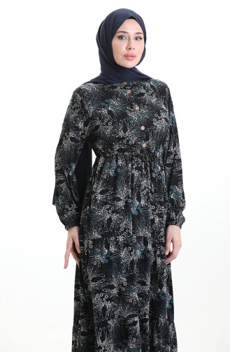 Grandad Collar Patterned Buttoned Dress 0193-02 Black Petrol 0193-02