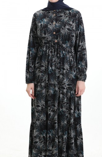 Grandad Collar Patterned Buttoned Dress 0193-02 Black Petrol 0193-02