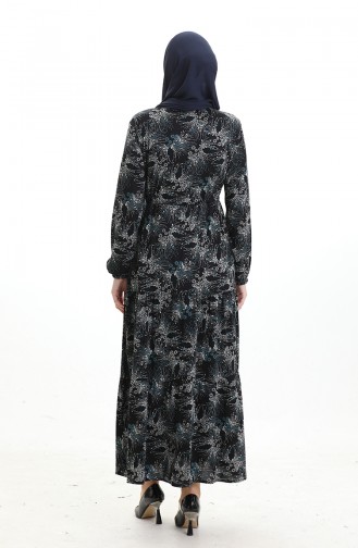 Grandad Collar Patterned Buttoned Dress 0193-02 Black Petrol 0193-02