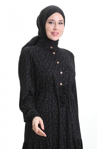 فستان نصف أزرار مع ياقة جد 0194-01 أسود 0194-01