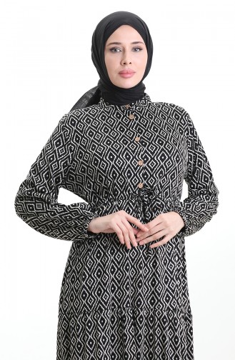 فستان بنمط هندسي بخصر مربوط 0195-01 أسود 0195-01
