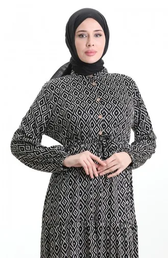 فستان بنمط هندسي بخصر مربوط 0195-01 أسود 0195-01