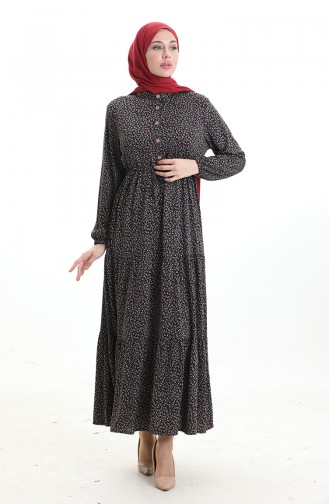 Robe à Col Mandarin Et Motifs Floraux 0197-01 Noir Lilas 0197-01