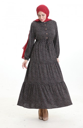 Robe à Col Mandarin Et Motifs Floraux 0197-01 Noir Lilas 0197-01