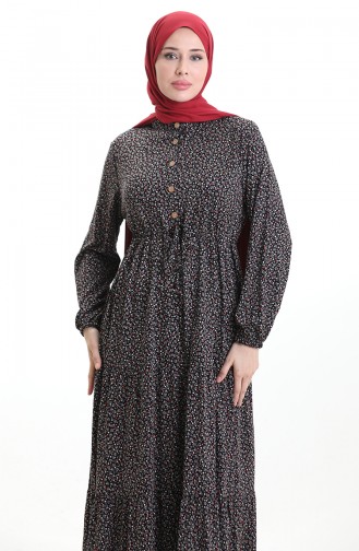 Robe à Col Mandarin Et Motifs Floraux 0197-01 Noir Lilas 0197-01